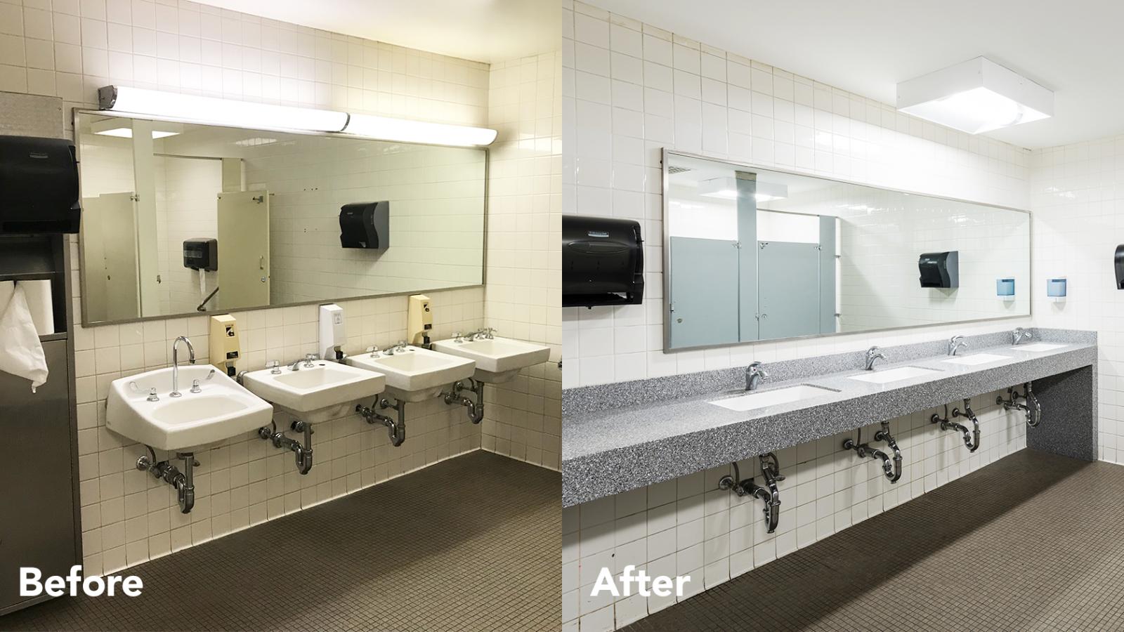 Side by side comparison of restroom before and after renovation