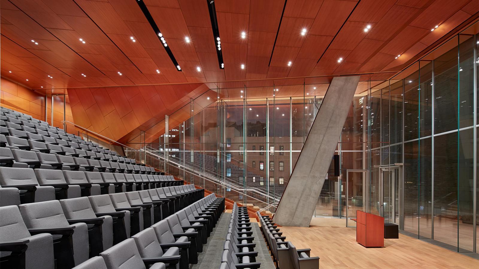 Vast auditorium with floor to ceiling windows