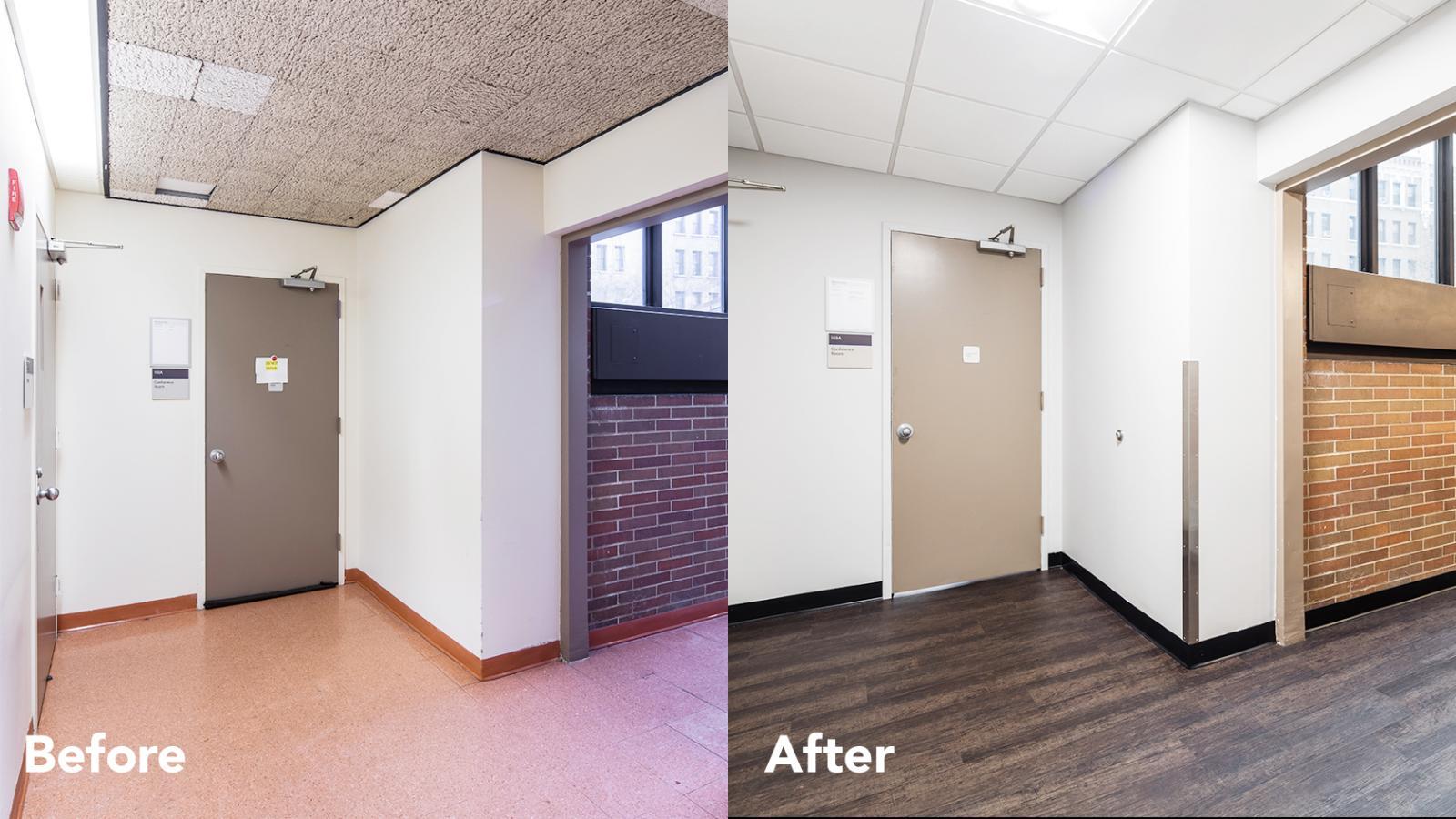 Side by side view of corridor before and after renovation