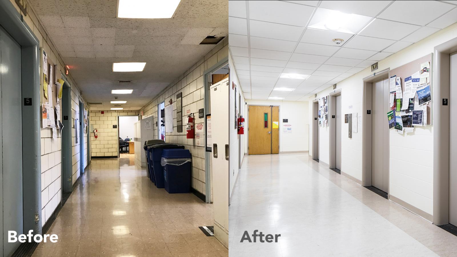 A side-by-side comparison of the old and new elevator lobbies in William Black Building, fifth floor