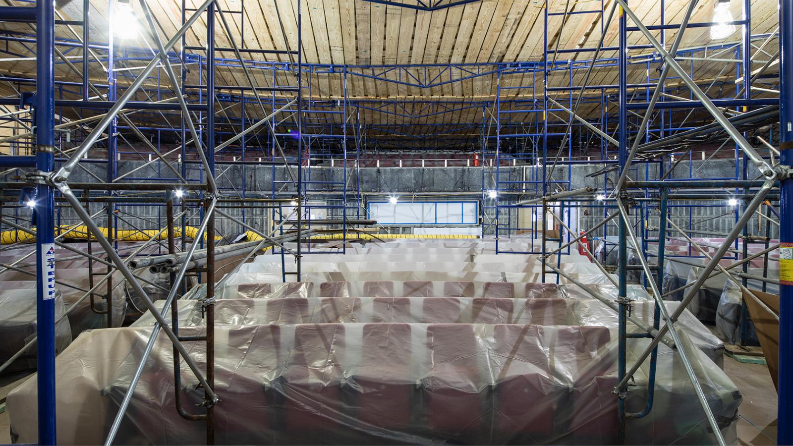 Interior of Alumni Auditorium progress