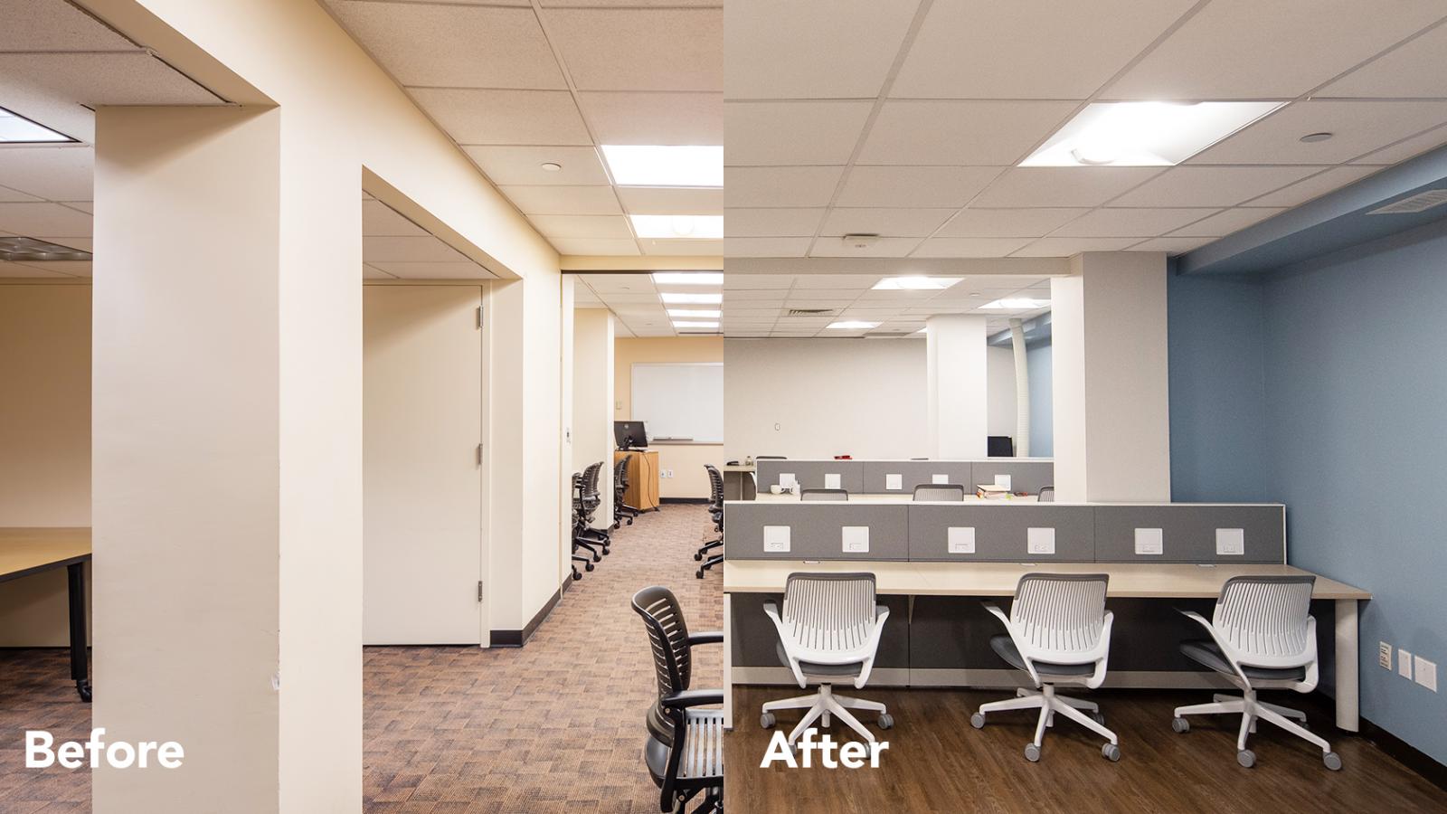 Before and after images of a study space that has been renovated