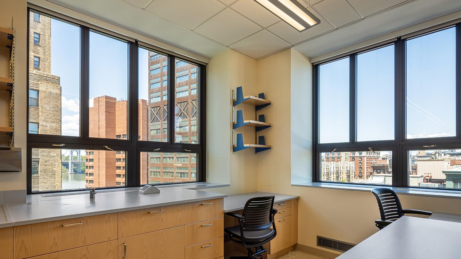The corner view of the lab with windows showing the medical center campus