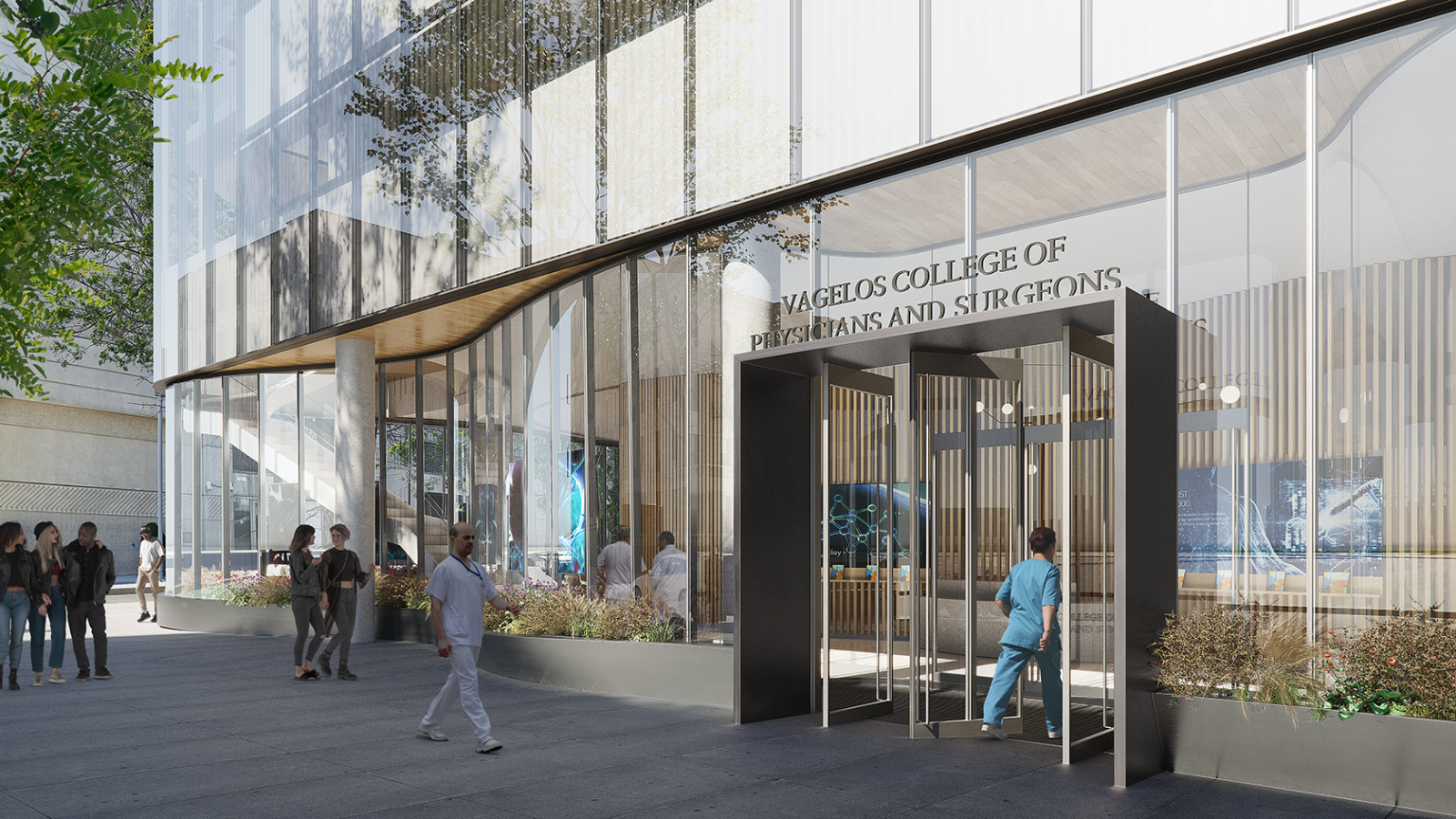 A rendering of people walking into a glass building