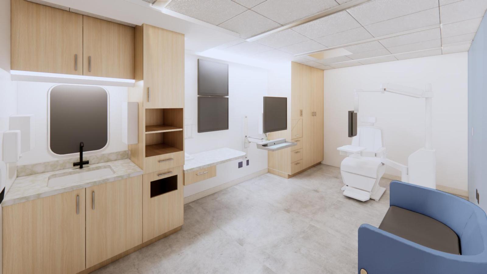 Rendering of an exam room at the Robert Burch Family Eye Center featuring ophthalmology equipment, built-in cabinetry, and seating for patients.