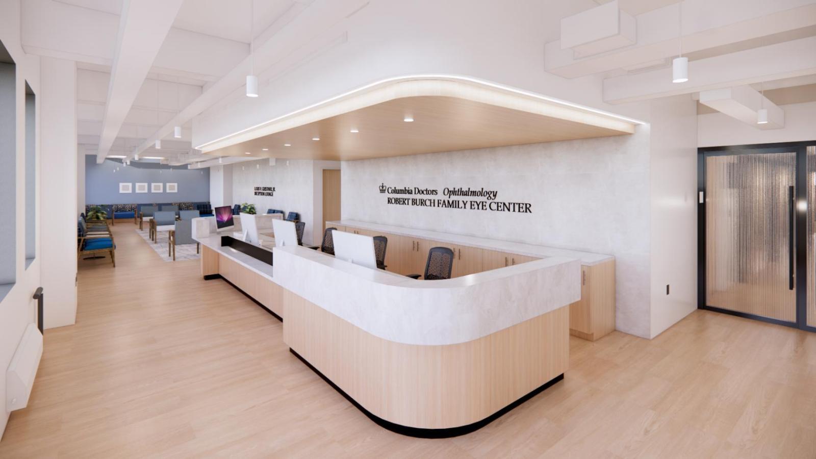 Rendering of a reception desk at the Robert Burch Family Eye Center, with modern wood finishes, white countertops, and seating area visible in the background.