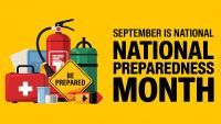 Illustration of emergency supplies beside the message, “September is National Preparedness Month" on a yellow background