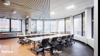 Side by side view of conference room before and after renovation