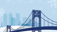 A blue graphic of the George Washington Bridge with the CUIMC skyline in the background