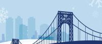 A blue graphic of the George Washington Bridge with the CUIMC skyline in the background