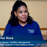 An image of Clarisa Rosa, a cleaner with Facilities Management at Columbia University Irving Medical Center, featured in a video for National Disability Employment Awareness Month.
