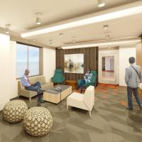 Waiting room rendering with seating and guests