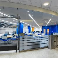 A photo of the outside of the Knowledge center expansion on the lobby level of Hammer Health Sciences Center