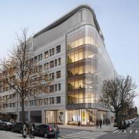 A rendering of a corner building with a partial glass facade