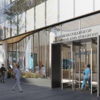 A rendering of people walking by a building with a glass exterior